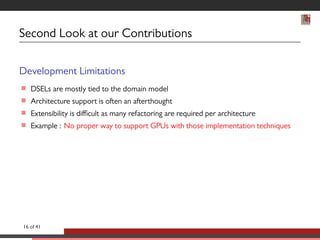 Second Look at our Contributions 
Development Limitations 
 DSELs are mostly tied to the domain model 
 Architecture support is often an afterthought 
 Extensibility is difficult as many refactoring are required per architecture 
 Example : No proper way to support GPUs with those implementation techniques 
16 of 41 
 