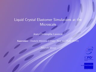 Liquid Crystal Elastomer Simulations at the 
Microscale 
Jean-Christophe Lavocat 
Supervisors : Diederik Wiersma (LENS) - Niek Van Hulst (ICFO) 
March 2012 
 