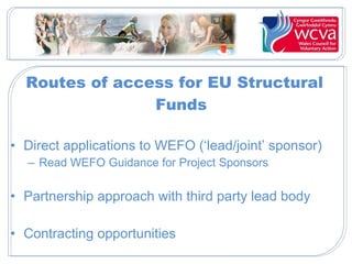 Routes of access for EU Structural
Funds
• Direct applications to WEFO (‘lead/joint’ sponsor)
– Read WEFO Guidance for Project Sponsors
• Partnership approach with third party lead body
• Contracting opportunities
 