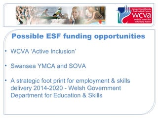 Possible ESF funding opportunities
• WCVA ‘Active Inclusion’
• Swansea YMCA and SOVA
• A strategic foot print for employment & skills
delivery 2014-2020 - Welsh Government
Department for Education & Skills
 