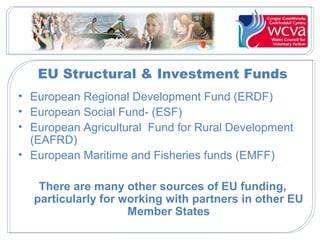 EU Structural & Investment Funds
• European Regional Development Fund (ERDF)
• European Social Fund- (ESF)
• European Agricultural Fund for Rural Development
(EAFRD)
• European Maritime and Fisheries funds (EMFF)
There are many other sources of EU funding,
particularly for working with partners in other EU
Member States
 