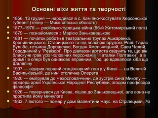 Основні віхи життя та творчостіОсновні віхи життя та творчості
 1856, 13 грудня — народився в с. Кам’яно-Костувате Херсонської1856, 13 грудня — народився в с. Кам’яно-Костувате Херсонської
губернії (тепер — Миколаївська область)губернії (тепер — Миколаївська область)
 1877–1978 — російсько-турецька війна (56-й Житомирський полк)1877–1978 — російсько-турецька війна (56-й Житомирський полк)
 1879 — познайомився з Марією Заньковецькою1879 — познайомився з Марією Заньковецькою
 1881 — початок роботи в театральних трупах Ашкаренка,1881 — початок роботи в театральних трупах Ашкаренка,
Кропивницького, Старицького та під власною орудою. Ролі: ТарасКропивницького, Старицького та під власною орудою. Ролі: Тарас
Бульба, гетьман Дорошенко, Богдан Хмельницький, Сава Чалий,Бульба, гетьман Дорошенко, Богдан Хмельницький, Сава Чалий,
Городничий у ”Ревізорі”. Про діапазон артиста свідчить те, що вінГородничий у ”Ревізорі”. Про діапазон артиста свідчить те, що він
блискуче грав усіх чоловічих персонажів ”Наталки Полтавки”, а вблискуче грав усіх чоловічих персонажів ”Наталки Полтавки”, а в
драмі і в опері був однаково вправним. Тоді це вдавалося хіба щодрамі і в опері був однаково вправним. Тоді це вдавалося хіба що
ШаляпінуШаляпіну
 1907 — відкрив перший стаціонарний театр у Києві — на Великій1907 — відкрив перший стаціонарний театр у Києві — на Великій
Васильківській, де нині столична ОперетаВасильківській, де нині столична Оперета
 1920 — емігрував до Чехословаччини, де зустрів сина Миколу —1920 — емігрував до Чехословаччини, де зустрів сина Миколу —
офіцера армії Української Народної Республіки, згодом професораофіцера армії Української Народної Республіки, згодом професора
філософіїфілософії
 1926 — повернувся до Києва, пішов до Заньковецької, але вона не1926 — повернувся до Києва, пішов до Заньковецької, але вона не
простила йому минулогопростила йому минулого
 1933, 7 лютого — помер у домі Валентини Чаус на Стрілецькій, 761933, 7 лютого — помер у домі Валентини Чаус на Стрілецькій, 76
 