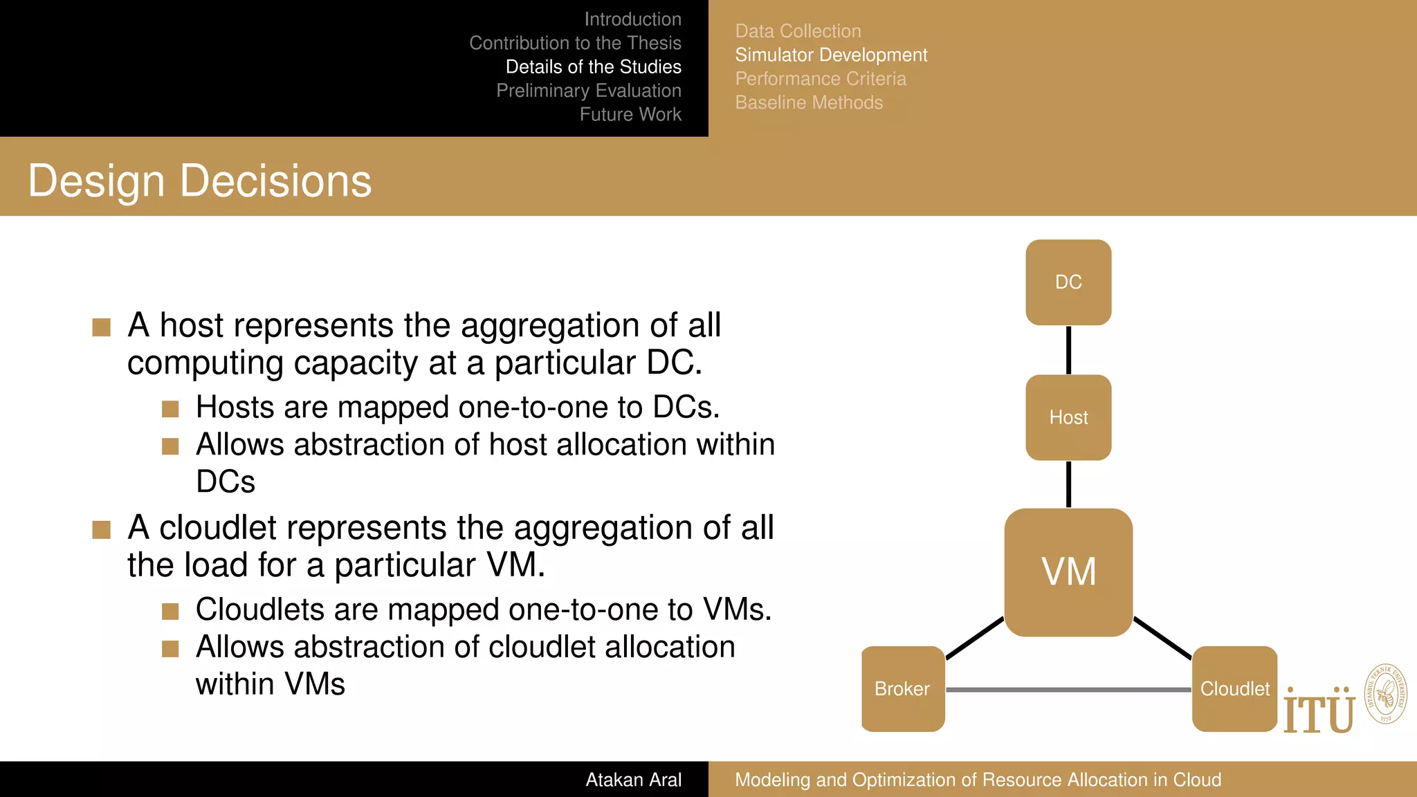 Introduction
Contribution to the Thesis
Details of the Studies
Preliminary Evaluation
Future Work
Data Collection
Simulator Development
Performance Criteria
Baseline Methods
Design Decisions
A host represents the aggregation of all
computing capacity at a particular DC.
Hosts are mapped one-to-one to DCs.
Allows abstraction of host allocation within
DCs
A cloudlet represents the aggregation of all
the load for a particular VM.
Cloudlets are mapped one-to-one to VMs.
Allows abstraction of cloudlet allocation
within VMs
VM
Host
DC
CloudletBroker
Atakan Aral Modeling and Optimization of Resource Allocation in Cloud
 