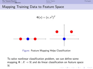 The Tutorial Routine Some Topics Packages
Mapping Training Data to Feature Space
Φ(x) = (x, x2)T
Figure: Feature Mapping Helps Classiﬁcation
To solve nonlinear classiﬁcation problem, we can deﬁne some
mapping Φ : X → H and do linear classiﬁcation on feature space
H
 