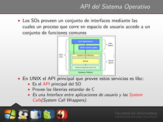API del Sistema Operativo
ˆ Los SOs proveen un conjunto de interfaces mediante las
cuales un proceso que corre en espacio de usuario accede a un
conjunto de funciones comunes
ˆ En UNIX el API principal que provee estos servicios es libc:
ˆ Es el API principal del SO
ˆ Provee las librer´ıas estandar de C
ˆ Es una Interface entre aplicaciones de usuario y las System
Calls(System Call Wrappers).
 