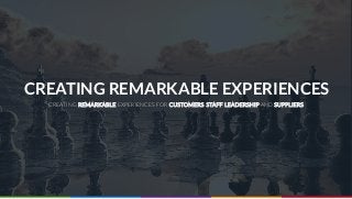 CREATING REMARKABLE EXPERIENCES
CREATING REMARKABLE EXPERIENCES FOR CUSTOMERS, STAFF, LEADERSHIP AND SUPPLIERS
 