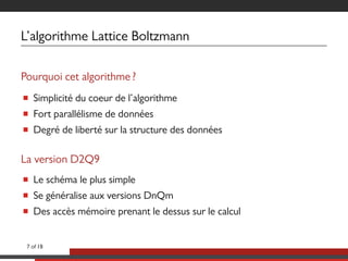L’algorithme Lattice Boltzmann
Pourquoi cet algorithme ?
■ Simplicité du coeur de l’algorithme
■ Fort parallélisme de données
■ Degré de liberté sur la structure des données
La version D2Q9
■ Le schéma le plus simple
■ Se généralise aux versions DnQm
■ Des accès mémoire prenant le dessus sur le calcul
7 of 18
 