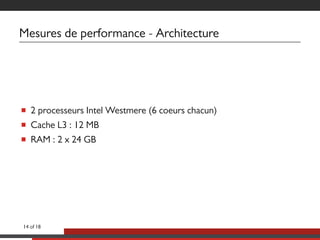 Mesures de performance - Architecture
■ 2 processeurs Intel Westmere (6 coeurs chacun)
■ Cache L3 : 12 MB
■ RAM : 2 x 24 GB
14 of 18
 