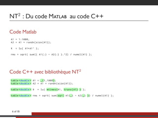 NT2
: Du code M au code C++
Code Matlab
A1 = 1:1000;
A2 = A1 + randn(size(A1));
X = lu( A1*A1’ );
rms = sqrt( sum(( A1(:) - A2(:) ).^2) / numel(A1) );
Code C++ avec bibliothèque NT2
..table <double > A1 = .._(1 ,1000..);
..table <double > A2 = A1 + randn(size(A1));
..table <double > X = lu( ..mtimes(A1 , ..trans(A1) ..) );
..table <double > rms = sqrt( sum(..sqr( A1(.._) - A2(.._) ..)) / numel(A1) );
6 of 18
 