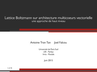 Lattice Boltzmann sur architecture multicoeurs vectorielle
une approche de haut niveau
Antoine Tran Tan Joel Falcou
Université de Paris Sud
LRI - ParSys
Inria - Postale
Juin 2015
1 of 18
 