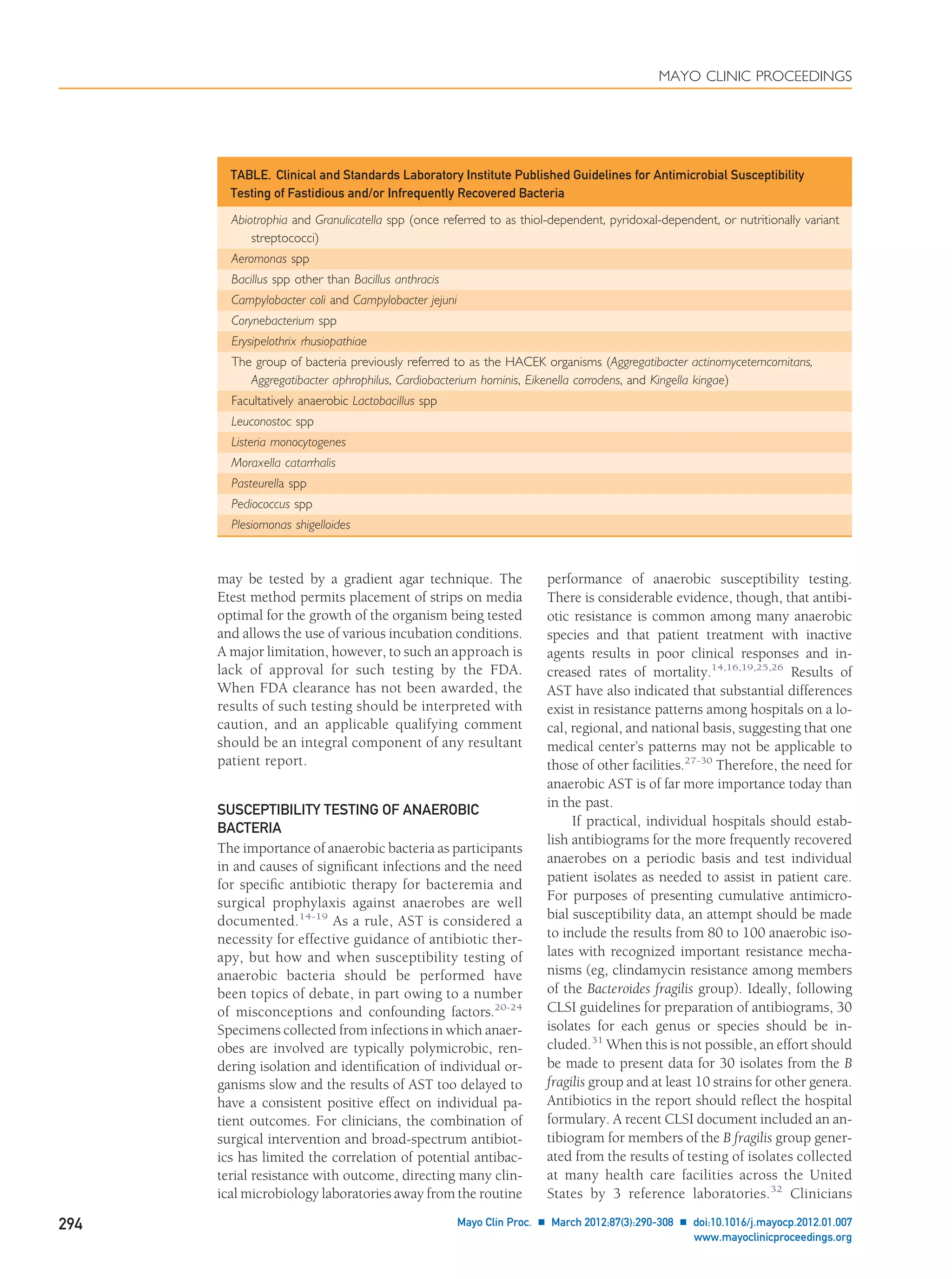 may be tested by a gradient agar technique. The
Etest method permits placement of strips on media
optimal for the growth of the organism being tested
and allows the use of various incubation conditions.
A major limitation, however, to such an approach is
lack of approval for such testing by the FDA.
When FDA clearance has not been awarded, the
results of such testing should be interpreted with
caution, and an applicable qualifying comment
should be an integral component of any resultant
patient report.
SUSCEPTIBILITY TESTING OF ANAEROBIC
BACTERIA
The importance of anaerobic bacteria as participants
in and causes of signiﬁcant infections and the need
for speciﬁc antibiotic therapy for bacteremia and
surgical prophylaxis against anaerobes are well
documented.14-19
As a rule, AST is considered a
necessity for effective guidance of antibiotic ther-
apy, but how and when susceptibility testing of
anaerobic bacteria should be performed have
been topics of debate, in part owing to a number
of misconceptions and confounding factors.20-24
Specimens collected from infections in which anaer-
obes are involved are typically polymicrobic, ren-
dering isolation and identiﬁcation of individual or-
ganisms slow and the results of AST too delayed to
have a consistent positive effect on individual pa-
tient outcomes. For clinicians, the combination of
surgical intervention and broad-spectrum antibiot-
ics has limited the correlation of potential antibac-
terial resistance with outcome, directing many clin-
ical microbiology laboratories away from the routine
performance of anaerobic susceptibility testing.
There is considerable evidence, though, that antibi-
otic resistance is common among many anaerobic
species and that patient treatment with inactive
agents results in poor clinical responses and in-
creased rates of mortality.14,16,19,25,26
Results of
AST have also indicated that substantial differences
exist in resistance patterns among hospitals on a lo-
cal, regional, and national basis, suggesting that one
medical center’s patterns may not be applicable to
those of other facilities.27-30
Therefore, the need for
anaerobic AST is of far more importance today than
in the past.
If practical, individual hospitals should estab-
lish antibiograms for the more frequently recovered
anaerobes on a periodic basis and test individual
patient isolates as needed to assist in patient care.
For purposes of presenting cumulative antimicro-
bial susceptibility data, an attempt should be made
to include the results from 80 to 100 anaerobic iso-
lates with recognized important resistance mecha-
nisms (eg, clindamycin resistance among members
of the Bacteroides fragilis group). Ideally, following
CLSI guidelines for preparation of antibiograms, 30
isolates for each genus or species should be in-
cluded.31
When this is not possible, an effort should
be made to present data for 30 isolates from the B
fragilis group and at least 10 strains for other genera.
Antibiotics in the report should reﬂect the hospital
formulary. A recent CLSI document included an an-
tibiogram for members of the B fragilis group gener-
ated from the results of testing of isolates collected
at many health care facilities across the United
States by 3 reference laboratories.32
Clinicians
TABLE. Clinical and Standards Laboratory Institute Published Guidelines for Antimicrobial Susceptibility
Testing of Fastidious and/or Infrequently Recovered Bacteria
Abiotrophia and Granulicatella spp (once referred to as thiol-dependent, pyridoxal-dependent, or nutritionally variant
streptococci)
Aeromonas spp
Bacillus spp other than Bacillus anthracis
Campylobacter coli and Campylobacter jejuni
Corynebacterium spp
Erysipelothrix rhusiopathiae
The group of bacteria previously referred to as the HACEK organisms (Aggregatibacter actinomycetemcomitans,
Aggregatibacter aphrophilus, Cardiobacterium hominis, Eikenella corrodens, and Kingella kingae)
Facultatively anaerobic Lactobacillus spp
Leuconostoc spp
Listeria monocytogenes
Moraxella catarrhalis
Pasteurella spp
Pediococcus spp
Plesiomonas shigelloides
MAYO CLINIC PROCEEDINGS
294 Mayo Clin Proc. Ⅲ March 2012;87(3):290-308 Ⅲ doi:10.1016/j.mayocp.2012.01.007
www.mayoclinicproceedings.org
 