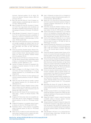 Parameters. Approved guideline, 3rd ed. Wayne, PA:
Clinical and Laboratory Standards Institute; 2008. CLSI
publication M23-A3.
9. Bauer AW, Kirby WM, Sherris JC, Turck M. Antibiotic sus-
ceptibility testing by a standardized single disk method. Am J
Clin Pathol. 1966;45(4):493-496.
10. Baker CN, Stocker SA, Culver DH, Thornsberry C. Compar-
ison of the E Test to agar dilution, broth microdilution, and
agar diffusion susceptibility testing techniques by using a spe-
cial challenge set of bacteria. J Clin Microbiol. 1991;29(3):533-
538.
11. Huang MB, Baker CN, Banerjee S, Tenover FC. Accuracy of
the E Test for determining antimicrobial susceptibilities of
staphylococci, enterococci, Campylobacter jejuni, and gram-
negative bacteria resistant to antimicrobial agents. J Clin Mi-
crobiol. 1992;30(12):3243-3248.
12. Pfaller MA, Jones RN. Performance accuracy of antibacterial
and antifungal susceptibility test methods: report from the
College of American Pathologists Microbiology Surveys Pro-
gram (2001-2003). Arch Pathol Lab Med. 2006;130(6):
767-778.
13. Clinical and Laboratory Standards Institute. Methods for An-
timicrobial Dilution and Disk Susceptibility Testing of Infrequently
Isolated or Fastidious Bacteria. Approved guideline, 2nd ed.
Wayne, PA: Clinical and Laboratory Standards Institute;
2010. CLSI publication M45-A2.
14. Goldstein EJ, Citron DM, Merriam CV, Abramson MA. Infec-
tion after elective colorectal surgery: bacteriological analysis
of failures in a randomized trial of cefotetan vs. ertapenem
prophylaxis. Surg Infect. 2009;10(2):111-118.
15. Lassmann B, Gustafson DR, Wood CM, Rosenblatt JE. Re-
emergence of anaerobic bacteremia. Clin Infect Dis. 2007;
44(7):895-900.
16. Robert R, Deraignac A, Le MG, Ragot S, Grollier G. Prog-
nostic factors and impact of antibiotherapy in 117 cases of
anaerobic bacteremia. Eur J Clin Microbiol Infect Dis. 2008;
27(8):674-678.
17. Salonen JH, Eerola E, Meurman O. Clinical signiﬁcance and
outcome of anaerobic bacteremia. Clin Infect Dis. 1998;26(6):
1413-1417.
18. Wilson JR, Limaye AP. Risk factors for mortality in patients
with anaerobic bacteremia. Eur J Clin Microbiol Infect Dis.
2004;23(4):310-316.
19. Zahar JR, Farhat H, Chacaty E, Meshaka P, Antoun S, Niten-
berg G. Incidence and clinical signiﬁcance of anaerobic bac-
teremia in cancer patients: a 6-year retrospective study. Clin
Microbiol Infect. 2005;11(9):724-729.
20. Baron EJ, Citron DM, Wexler HM. Son of anaerobic suscep-
tibility testing – revisited. Clin Microbiol Newsletter. 1990;
12(9):69-70.
21. Dougherty SH. Antimicrobial culture and susceptibility test-
ing has little value for routine management of secondary
bacterial peritonitis. Clin Infect Dis. 1997;25(suppl 2):S258-
S261.
22. Finegold SM. Perspective on susceptibility testing of anaero-
bic bacteria. Clin Infect Dis. 1997;25(suppl 2):S251-S253.
23. Rosenblatt JE, Brook I. Clinical relevance of susceptibility
testing of anaerobic bacteria. Clin Infect Dis. 1993;16(suppl
4):S446-S448.
24. Wilson SE, Huh J. In defense of routine antimicrobial suscep-
tibility testing of operative site ﬂora in patients with perito-
nitis. Clin Infect Dis. 1997;25(suppl 2):S254-S257.
25. Golan Y, McDermott LA, Jacobus NV, et al. Emergence of
ﬂuoroquinolone resistance among Bacteroides species. J An-
timicrob Chemother. 2003;52(2):208-213.
26. Nguyen MH, Yu VL, Morris AJ, et al. Antimicrobial resistance
and clinical outcome of Bacteroides bacteremia: ﬁndings of a
multicenter prospective observational trial. Clin Infect Dis.
2000;30(6):870-876.
27. Hecht DW, Osmolski JR, O’Keefe JP. Variation in the sus-
ceptibility of Bacteroides fragilis group isolates from six Chi-
cago hospitals. Clin Infect Dis. 1993;16(suppl 4):S357-S360.
28. Snydman DR, Jacobus NV, McDermott LA, et al. National
survey on the susceptibility of Bacteroides fragilis group: re-
port and analysis of tends in the United States from 1997 to
2004. Antimicrob Agents Chemother. 2007;51(5):1649-1655.
29. Snydman DR, Jacobus NV, McDermott LA, et al. National
survey on the susceptibility of Bacteroides fragilis group: re-
port and analysis of trends for 1997-2000. Clin Infect Dis.
2002;35(suppl 1):S126-S134.
30. Snydman DR, Jacobus NV, McDermott LA, et al. Multicenter
study of in vitro susceptibility of the Bacteroides fragilis group,
1995 to 1996, with comparison of resistance trends from
1990 to 1996. Antimicrob Agents Chemother. 1999;43(10):
2417-2422.
31. Clinical and Laboratory Standards Institute. Analysis and Pre-
sentation of Cumulative Antimicrobial Susceptibility Test Data.
Approved guideline, 3rd ed. Wayne, PA: Clinical and Labo-
ratory Standards Institute; 2009. CLSI publication M39-A3.
32. Clinical and Laboratory Standards Institute. Acceptable Anaer-
obe Control Strain Ranges for Minimal Inhibitory Concentration
(MIC) Determination by Broth Microdilution and Agar Dilution
Testing and Cumulative Antimicrobial Susceptibility Report for
Bacteroides fragilis Group Bacteria. Approved standard infor-
mational supplement. Wayne, PA: Clinical and Laboratory
Standards Institute; 2009. CLSI publication M11-S1.
33. Clinical and Laboratory Standards Institute. Methods for An-
timicrobial Susceptibility Testing of Anaerobic Bacteria. Ap-
proved standard, 7th ed. Wayne, PA: Clinical and Laboratory
Standards Institute; 2007. CLSI publication M11-A7.
34. Clinical and Laboratory Standards Institute. Susceptibility Test-
ing of Mycobacteria, Nocardia spp., and Other Aerobic Actino-
mycetes. Approved standard, 2nd ed. Wayne, PA: Clinical
and Laboratory Standards Institute; 2011. CLSI publication
M24-A2.
35. Brown-Elliott BA, Brown JM, Conville PS, Wallace RJ Jr.
Clinical and laboratory features of the Nocardia spp. based on
current molecular taxonomy. Clin Microbiol Rev. 2006;19(2):
259-282.
36. Verroken A, Janssens M, Berhin C, et al. Evaluation of matrix-
assisted laser desorption ionization-time of ﬂight mass spec-
trometry for identiﬁcation of Nocardia species. J Clin Microbiol.
2010;48(11):4015-4021.
37. Wallace RJ Jr, Steele LC, Sumter G, Smith JM. Antimicrobial
susceptibility patterns of Nocardia asteroides. Antimicrob
Agents Chemother. 1988;32(12):1776-1779.
38. Ambaye A, Kohner PC, Wollan PC, Roberts KL, Roberts GD,
Cockerill FR III. Comparison of agar dilution, broth microdi-
lution, disk diffusion, E-test, and BACTEC radiometric meth-
ods for antimicrobial susceptibility testing of clinical isolates of
the Nocardia asteroides complex. J Clin Microbiol. 1997;35(4):
857–852.
39. Udhe KB, Pathak S, McCullum I Jr, et al. Antimicrobial-resis-
tant Nocardia isolates, United States, 1995-2004. Clin Infect
Dis. 2010;51(12):1445-1448.
LABORATORY TESTING TO GUIDE ANTIMICROBIAL THERAPY
Mayo Clin Proc. Ⅲ March 2012;87(3):290-308 Ⅲ doi:10.1016/j.mayocp.2012.01.007 305
www.mayoclinicproceedings.org
 