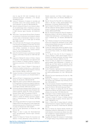 cocci by using the CLSI broth microdilution test and
erythromycin-clindamycin combinations. J Clin Microbiol.
2010;48(6):2275-2277.
72. Leclercq R. Mechanisms of resistance to macrolides and
lincosamides: nature of the resistance elements and their
clinical implications. Clin Infect Dis. 2002;34(4):482-492.
73. Richter SS, Heilmann KP, Dohrn CL, et al. Activity of ceftaro-
line and epidemiologic trends in Staphylococcus aureus iso-
lates collected from 43 medical centers in the United States
in 2009. Antimicrob Agents Chemother. 2011;55(9):4154-
4160.
74. Merino Diaz L, Torres Sanchez MJ, Aznar Martin J. Prevalence
and mechanisms of erythromycin and clindamycin resistance
in clinical isolates of beta-hemolytic streptococci of Lance-
ﬁeld groups A, B, C, and G in Seville, Spain. Clin Microbiol
Infect. 2008;14(1):85-87.
75. Ji M, Lee M, Noh S, Kim MN. Evaluation of the performance
of the MicroScan Pos Breakpoint Combo Panel Type 28 for
susceptibility testing of Staphylococcus aureus: low-range min-
imum inhibitory concentration of vancomycin, cefoxitin
screening, and inducible clindamycin resistance detection.
Korean J Lab Med. 2010;30(6):637-646.
76. Jenkins SG, Farrell DJ. Increase in pneumococcus macrolide
resistance, United States. Emerg Infect Dis. 2009;15(8):1260-
1264.
77. Jorgensen JH, McElmeel ML, Fulcher LC, McGee L, Glennen
A. Evaluation of disk approximation and single-well broth
tests for detection of inducible clindamycin resistance in
Streptococcus pneumoniae. J Clin Microbiol. 2011;49(9):3332-
3333.
78. Dubois V, Arpin C, Noury P, Quentin C. Clinical strain of
Pseudomonas aeruginosa carrying a blaTEM-21 gene located on
a chromosomal interrupted TnA type transposon. Antimicrob
Agents Chemother. 2002;46(11):3624-3626.
79. European Committee on Antimicrobial Susceptibility Testing
website. www.eucast.org/epert_rules. Accessed October 31,
2011.
80. Queenan AM, Bush K. Carbapenemases: the versatile ␤-lac-
tamases. Clin Microbiol Rev. 2007;20(3):440-458.
81. Villegas MV, Lolans K, Correa A, Kattan JN, Lopez JA, Quinn
JP. First identiﬁcation of Pseudomonas aeruginosa isolates pro-
ducing a KPC-type carbapenem-hydrolyzing ␤-lactamase. An-
timicrob Agents Chemother. 2007;51(4):1553-1555.
82. Clinical and Laboratory Standards Institute. Performance Stan-
dards for Antimicrobial Susceptibility Testing. Nineteenth infor-
mational supplement. Wayne, PA: Clinical and Laboratory
Standards Institute; 2009. CLSI publication M100-S19.
83. Anderson KF, Lonsway DR, Rasheed JK, et al. Evaluation of
methods to identify the Klebsiella pneumoniae carbapen-
emase in Enterobacteriaceae. J Clin Microbiol. 2007;45(8):
2723-2725.
84. Lee K, Chong Y, Shin HB, Kim YA, Yong D, Yum JH. Modiﬁed
Hodge and EDTA: disk synergy tests to screen metallo-beta-
lactamase producing strains of Pseudomonas and Acinetobac-
ter species. Clin Microbiol Infect. 2001;7(2):88-91.
85. Jacoby GA. AmpC ␤-lactamases. Clin Microbiol Rev. 2009;
22(1):161-182.
86. Philippon A, Arlet G, Jacoby GA. Plasmid-determined
Amp-C type ␤-lactamases. Antimicrob Agents Chemother.
2002;46(1):1-11.
87. Coudron PE, Moland ES, Thomson KS. Occurrence and
detection of AmpC ␤-lactamases among Escherichia coli,
Klebsiella pneumoniae, and Proteus mirabilis isolates at a
veterans medical center. J Clin Microbiol. 2000;38(5):1791-
1796.
88. Black JA, Thomson KS, Pitout JDD. Use of ␤-lactamase in-
hibitors in disk tests to detect plasmid-mediated AmpC
␤-lactamases. J Clin Microbiol. 2004;42(5):2203-2206.
89. Nasim K, Elsayed S, Pitout JDD, Conly J, Church DL, Gregson
DB. New method for laboratory detection of AmpC ␤-lac-
tamases in Escherichia coli and Klebsiella pneumoniae. J Clin
Microbiol. 2004;42(10)4799-4802.
90. Black JA, Thomson KS, Buynak JD, Pitout JD. Evaluation of
␤-lactamase inhibitors in disk tests for detection of plasmid-
mediated AmpC ␤-lactamases in well-characterized clinical
strains of Klebsiella spp. J Clin Microbiol. 2005;43(8):4168-
4171.
91. Yagi T, Wachino J, Kurokawa H, et al. Practical methods using
boronic acid compounds for identiﬁcation of class C ␤-lac-
tamase-producing Klebsiella pneumoniae and Escherichia coli.
J Clin Microbiol. 2005;43(6):2551-2558.
92. Coudron PE. Inhibitor-based methods for detection of plas-
mid-mediated AmpC ␤-lactamases in Klebsiella spp. Esche-
richia coli, and Proteus mirabilis. J Clin Microbiol. 2005;43(8):
4163-4167.
93. Tan TY, Ng LSY, He J, Koh TH, Hsu LY. Evaluation of
screening methods to detect plasmid-mediated AmpC in
Escherichia coli, Klebsiella pneumoniae, and Proteus mirabilis.
Antimicrob Agents Chemother. 2009;53(1):146-149.
94. Tenover FC, Emery SL, Spiegel CA, et al. Identiﬁcation of
plasmid-mediated AmpC ␤-lactamases in Escherichia coli,
Klebsiella spp. and Proteus species can potentially improve
reporting of cephalosporin susceptibility testing results. J Clin
Microbiol. 2009;47(2):294-299.
95. Sculier JP, Klastersky J. Signiﬁcance of serum bactericidal ac-
tivity in gram-negative bacillary bacteremia in patients with
and without granulocytopenia. Am J Med. 1984;76(3):429-
435.
96. Reller RB. The serum bactericidal test. Rev Infect Dis. 1986;
8(5):803-808.
97. DeGirolami PC, Eliopoulos G. Antimicrobial susceptibility
tests and their role in therapeutic drug monitoring. Clin Lab
Med. 1987;7(3):499-513.
98. Clinical and Laboratory Standards Institute/NCCLS. Methods
for Determining Bactericidal Activity of Antimicrobial Agents.
Wayne, PA: NCCLS; 1999. NCCLS document M26-A.
99. Denny AE, Peterson LR, Gerding DN, Hall WH. Serious
staphylococcal infections with strains tolerant to bactericidal
antibiotics. Ann Intern Med. 1979;139(9):1026-1031.
100. Handwerger S, Tomasz A. Antibiotic tolerance among clinical
isolates of bacteria. Rev Infect Dis. 1985;7(3):368-386.
101. Tuomanen E, Durack DT, Tomasz A. Antibiotic tolerance
among clinical isolates of bacteria. Antimicrob Agents Che-
mother. 1986;30(4):521-527.
102. Saiman L. Clinical utility of synergy testing for multidrug-
resistant Pseudomonas aeruginosa isolated from patients with
cystic ﬁbrosis: ‘the motion for.’ Paediatr Respir Rev. 2007;8(3):
249-255.
103. Bayer AS, Morrison JO. Disparity between timed-kill and
checkerboard methods for determination of in vitro bacte-
ricidal interactions of vancomycin plus rifampin versus meth-
icillin-susceptible and –resistant Staphylococcus aureus. Antimi-
crob Agents Chemother. 1984;26;(2):220-223.
104. Cappelletty DM, Ryback MJ. Comparison of methodologies
for synergism testing of drug combinations against resistant
LABORATORY TESTING TO GUIDE ANTIMICROBIAL THERAPY
Mayo Clin Proc. Ⅲ March 2012;87(3):290-308 Ⅲ doi:10.1016/j.mayocp.2012.01.007 307
www.mayoclinicproceedings.org
 