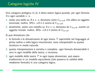 Categorie logiche IV
Una categoria prelogica 〈C,Σ〉 è detta essere logica quando, per ogni formula
A e ogni variabile x : s,
1. esiste una stella su A e x : s, denotata come C∀x:s A, che abbia un oggetto
terminale; inoltre, M∀x : s A è il centro di C∀x:s A;
2. dualmente, esiste una costella su A e x : s, denotata da C∃x:s A, avente un
oggetto iniziale; inoltre, M∃x : s A è il centro di C∃x:s A.
Si può dimostrare che
1. le formule e le dimostrazioni di ogni teoria T esprimibile nel linguaggio al
primo ordine e nella logica intuizionista, sono interpretabili su questa
struttura in modo naturale.
2. questa interpretazione è corretta e completa: ogni formula dimostrabile è
vera in ogni modello della teoria, e viceversa.
3. ogni modello della teoria T in ogni topos elementare, può essere
trasformato in un modello equivalente (che preserva la validità delle
medesime formule) in una categoria logica.
(7 of 13)
 