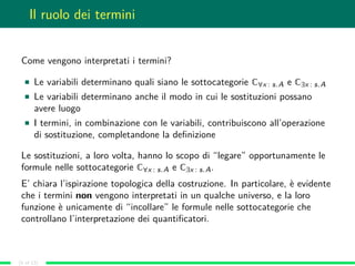 Il ruolo dei termini
Come vengono interpretati i termini?
Le variabili determinano quali siano le sottocategorie C∀x : s.A e C∃x : s.A
Le variabili determinano anche il modo in cui le sostituzioni possano
avere luogo
I termini, in combinazione con le variabili, contribuiscono all’operazione
di sostituzione, completandone la deﬁnizione
Le sostituzioni, a loro volta, hanno lo scopo di “legare” opportunamente le
formule nelle sottocategorie C∀x : s.A e C∃x : s.A.
E’ chiara l’ispirazione topologica della costruzione. In particolare, è evidente
che i termini non vengono interpretati in un qualche universo, e la loro
funzione è unicamente di “incollare” le formule nelle sottocategorie che
controllano l’interpretazione dei quantiﬁcatori.
(8 of 13)
 