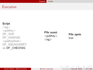 Rappels Scripts
Execution
Script
sig
pubKey
OP_DUP
OP_HASH160
pubKeyHash
OP_EQUALVERIFY
⇒ OP_CHECKSIG
Pile avant
pubKey
sig
Pile après
true
Erwan Martin (Bitcoin Lyon) Bitcoin contracts June 30, 2015 17 / 30
 