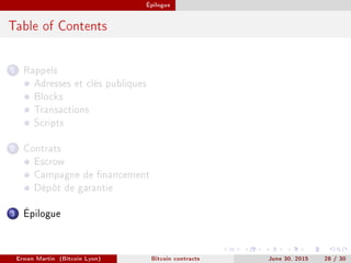 Épilogue
Table of Contents
1 Rappels
Adresses et clés publiques
Blocks
Transactions
Scripts
2 Contrats
Escrow
Campagne de nancement
Dépôt de garantie
3 Épilogue
Erwan Martin (Bitcoin Lyon) Bitcoin contracts June 30, 2015 28 / 30
 