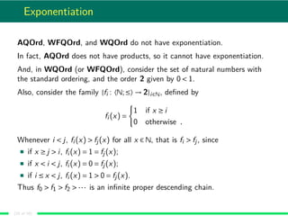 Exponentiation
AQOrd, WFQOrd, and WQOrd do not have exponentiation.
In fact, AQOrd does not have products, so it cannot ha...