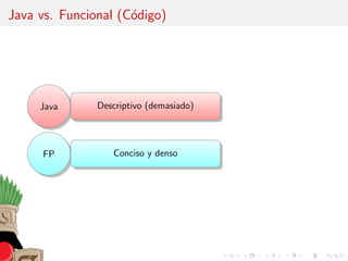 Java vs. Funcional (C´odigo)
Java Descriptivo (demasiado)
FP Conciso y denso
 