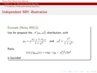 Markov Chain Monte Carlo Methods
MCMC #1: The Metropolis-Hastings Algorithm
A collection of Metropolis-Hastings algorithms
Independent MH: illustration
Example (Noisy AR(1))
Use for proposal the N (µt, ω2
t ) distribution, with
µt = ϕ
xt−1 + xt+1
1 + ϕ2
and ω2
t =
τ2
1 + ϕ2
.
Ratio
π(x)/qind(x) = exp −(yt − x2
t )2
/2σ2
is bounded
 