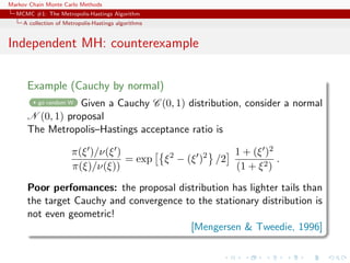 Markov Chain Monte Carlo Methods
MCMC #1: The Metropolis-Hastings Algorithm
A collection of Metropolis-Hastings algorithms
Independent MH: counterexample
Example (Cauchy by normal)
go random W Given a Cauchy C (0, 1) distribution, consider a normal
N (0, 1) proposal
The Metropolis–Hastings acceptance ratio is
π(ξ )/ν(ξ )
π(ξ)/ν(ξ))
= exp ξ2
− (ξ )2
/2
1 + (ξ )2
(1 + ξ2)
.
Poor perfomances: the proposal distribution has lighter tails than
the target Cauchy and convergence to the stationary distribution is
not even geometric!
[Mengersen & Tweedie, 1996]
 