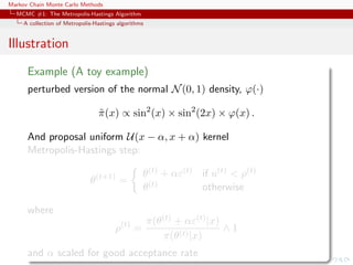 Markov Chain Monte Carlo Methods
MCMC #1: The Metropolis-Hastings Algorithm
A collection of Metropolis-Hastings algorithms
Illustration
Example (A toy example)
perturbed version of the normal N(0, 1) density, ϕ(·)
˜π(x) ∝ sin2
(x) × sin2
(2x) × ϕ(x) .
And proposal uniform U(x − α, x + α) kernel
Metropolis-Hastings step:
θ(t+1)
=
θ(t) + αε(t) if u(t) < ρ(t)
θ(t) otherwise
where
ρ(t)
=
π(θ(t) + αε(t)|x)
π(θ(t)|x)
∧ 1
and α scaled for good acceptance rate
 