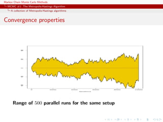 Markov Chain Monte Carlo Methods
MCMC #1: The Metropolis-Hastings Algorithm
A collection of Metropolis-Hastings algorithms
Convergence properties
0 2000 4000 6000 8000 10000
−100−50050100
iterations
Range of 500 parallel runs for the same setup
 