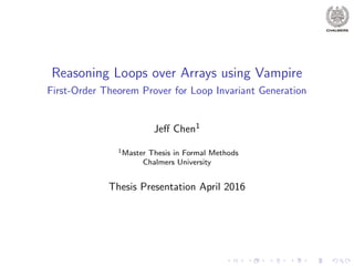 Reasoning Loops over Arrays using Vampire
First-Order Theorem Prover for Loop Invariant Generation
Jeﬀ Chen1
1Master Thesis in Formal Methods
Chalmers University
Thesis Presentation April 2016
 