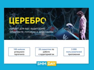 5 000
пользователей
приложения
28 скриптов по
работе
с аудиторией вк
160 кейсов
успешного
таргетинга
 