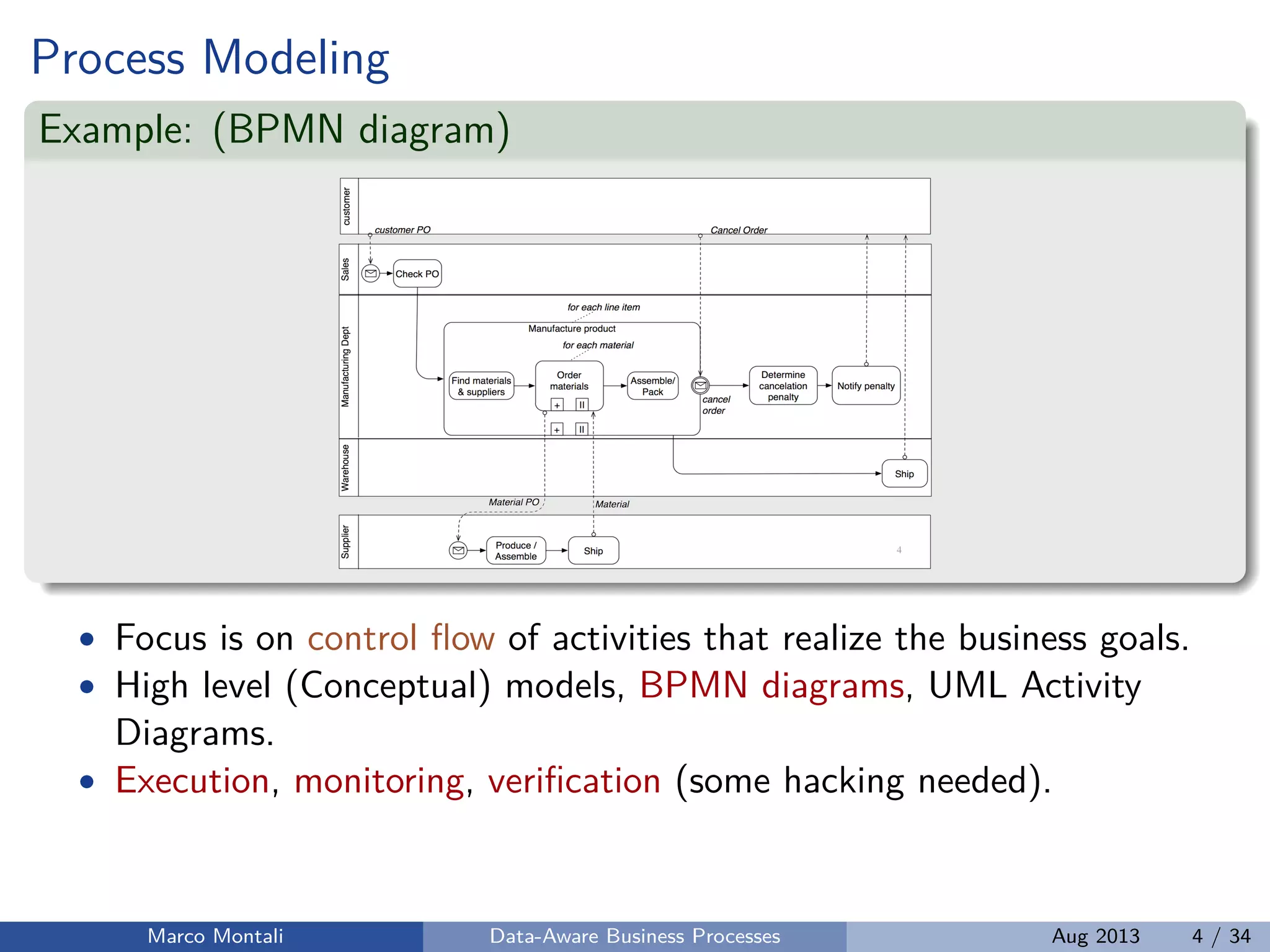 Process Modeling
Example: (BPMN diagram)
• Focus is on control ﬂow of activities that realize the business goals.
• High level (Conceptual) models, BPMN diagrams, UML Activity
Diagrams.
• Execution, monitoring, veriﬁcation (some hacking needed).
Marco Montali Data-Aware Business Processes Aug 2013 4 / 34
 