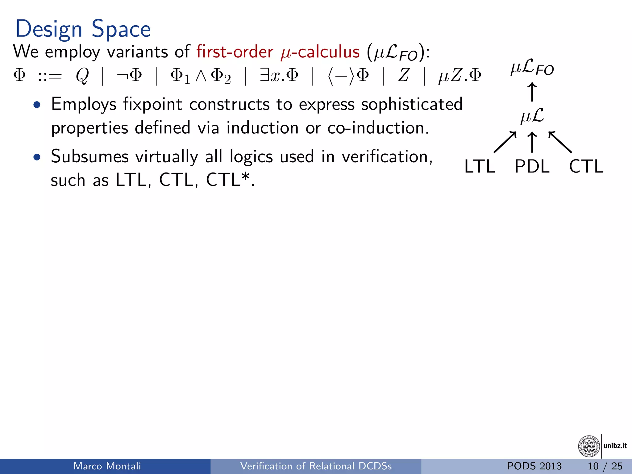 unibz.itunibz.it
Design Space
We employ variants of ﬁrst-order µ-calculus (µLFO):
Φ ::= Q | ¬Φ | Φ1 ∧ Φ2 | ∃x.Φ | − Φ | Z | µZ.Φ
• Employs ﬁxpoint constructs to express sophisticated
properties deﬁned via induction or co-induction.
• Subsumes virtually all logics used in veriﬁcation,
such as LTL, CTL, CTL*.
PDLLTL CTL
µL
µLFO
Marco Montali Veriﬁcation of Relational DCDSs PODS 2013 10 / 25
 