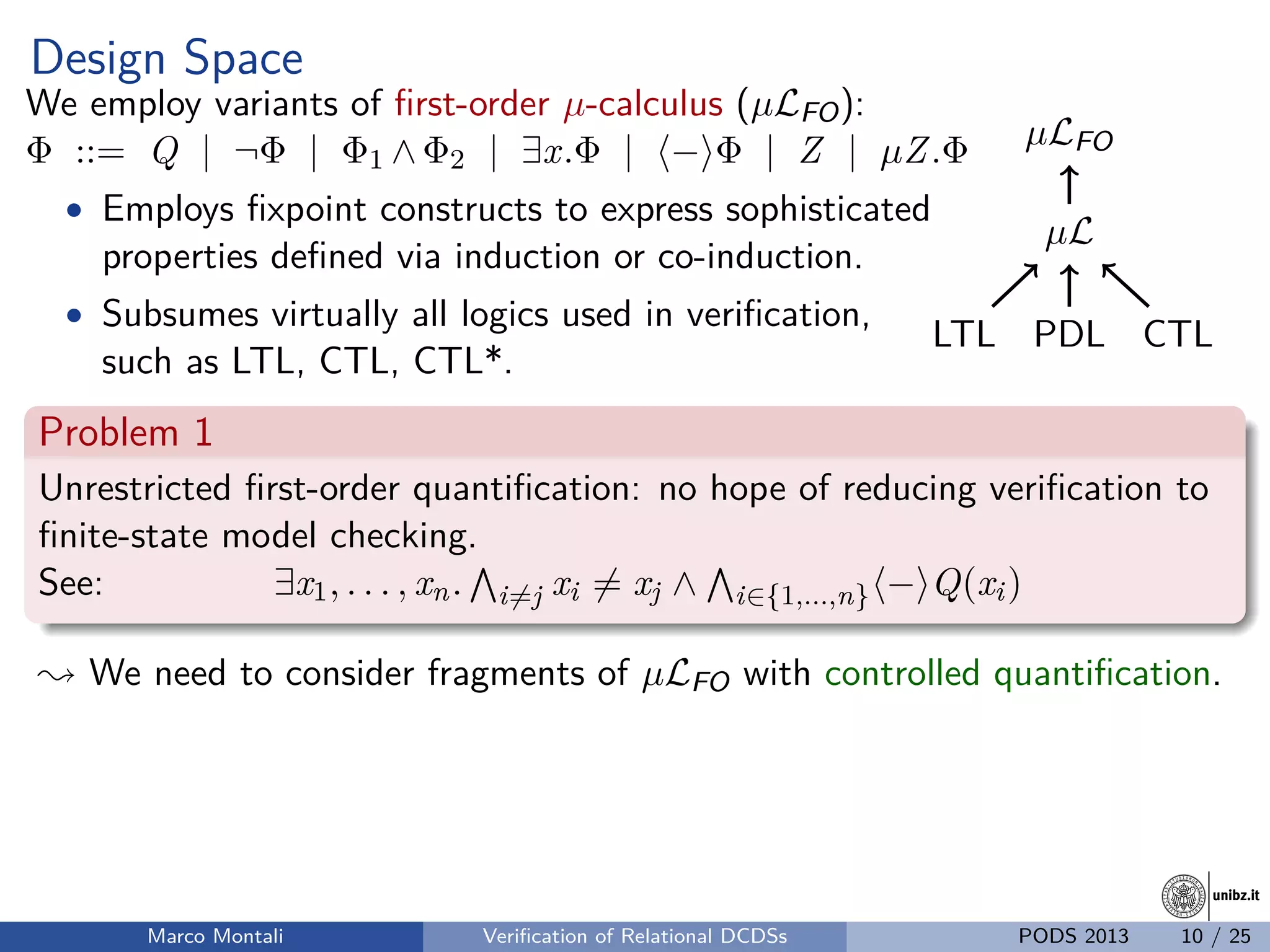 unibz.itunibz.it
Design Space
We employ variants of ﬁrst-order µ-calculus (µLFO):
Φ ::= Q | ¬Φ | Φ1 ∧ Φ2 | ∃x.Φ | − Φ | Z | µZ.Φ
• Employs ﬁxpoint constructs to express sophisticated
properties deﬁned via induction or co-induction.
• Subsumes virtually all logics used in veriﬁcation,
such as LTL, CTL, CTL*.
PDLLTL CTL
µL
µLFO
Problem 1
Unrestricted ﬁrst-order quantiﬁcation: no hope of reducing veriﬁcation to
ﬁnite-state model checking.
See: ∃x1, . . . , xn. i=j xi = xj ∧ i∈{1,...,n} − Q(xi)
; We need to consider fragments of µLFO with controlled quantiﬁcation.
Marco Montali Veriﬁcation of Relational DCDSs PODS 2013 10 / 25
 