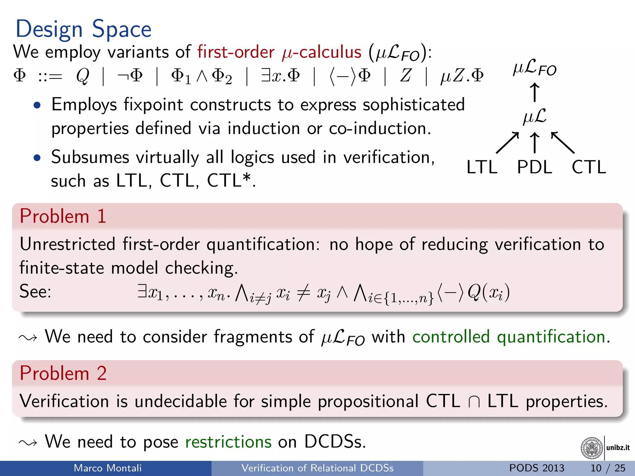 unibz.itunibz.it
Design Space
We employ variants of ﬁrst-order µ-calculus (µLFO):
Φ ::= Q | ¬Φ | Φ1 ∧ Φ2 | ∃x.Φ | − Φ | Z | µZ.Φ
• Employs ﬁxpoint constructs to express sophisticated
properties deﬁned via induction or co-induction.
• Subsumes virtually all logics used in veriﬁcation,
such as LTL, CTL, CTL*.
PDLLTL CTL
µL
µLFO
Problem 1
Unrestricted ﬁrst-order quantiﬁcation: no hope of reducing veriﬁcation to
ﬁnite-state model checking.
See: ∃x1, . . . , xn. i=j xi = xj ∧ i∈{1,...,n} − Q(xi)
; We need to consider fragments of µLFO with controlled quantiﬁcation.
Problem 2
Veriﬁcation is undecidable for simple propositional CTL ∩ LTL properties.
; We need to pose restrictions on DCDSs.
Marco Montali Veriﬁcation of Relational DCDSs PODS 2013 10 / 25
 