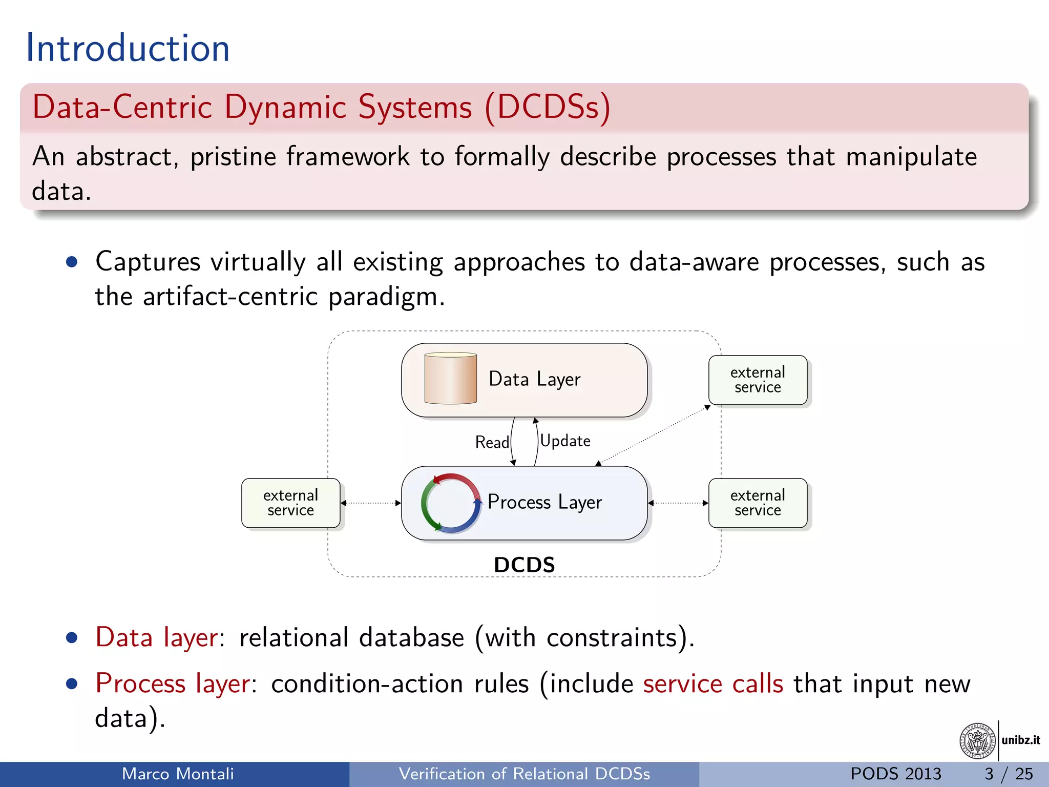 unibz.itunibz.it
Introduction
Data-Centric Dynamic Systems (DCDSs)
An abstract, pristine framework to formally describe processes that manipulate
data.
• Captures virtually all existing approaches to data-aware processes, such as
the artifact-centric paradigm.
DCDS
Data Layer
Process Layer
external
service
external
service
external
service
UpdateRead
• Data layer: relational database (with constraints).
• Process layer: condition-action rules (include service calls that input new
data).
Marco Montali Veriﬁcation of Relational DCDSs PODS 2013 3 / 25
 