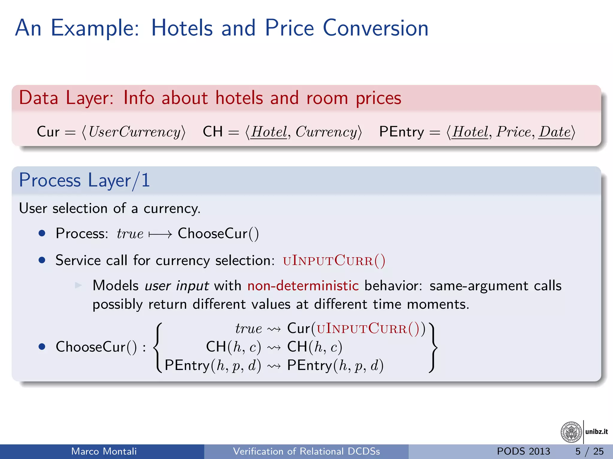 unibz.itunibz.it
An Example: Hotels and Price Conversion
Data Layer: Info about hotels and room prices
Cur = UserCurrency CH = Hotel, Currency PEntry = Hotel, Price, Date
Process Layer/1
User selection of a currency.
• Process: true −→ ChooseCur()
• Service call for currency selection: uInputCurr()
Models user input with non-deterministic behavior: same-argument calls
possibly return diﬀerent values at diﬀerent time moments.
• ChooseCur() :
true Cur(uInputCurr())
CH(h, c) CH(h, c)
PEntry(h, p, d) PEntry(h, p, d)
Marco Montali Veriﬁcation of Relational DCDSs PODS 2013 5 / 25
 