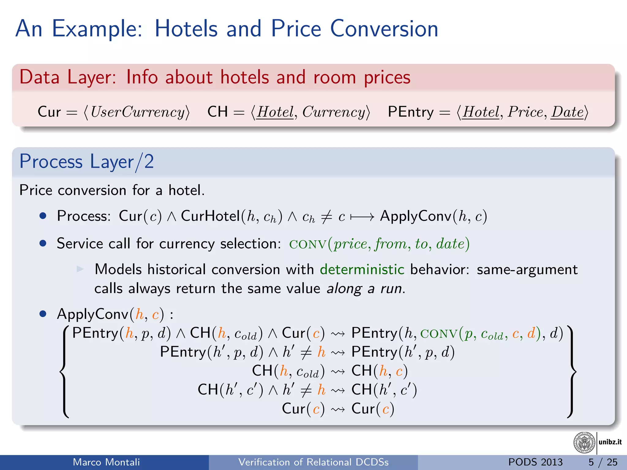 unibz.itunibz.it
An Example: Hotels and Price Conversion
Data Layer: Info about hotels and room prices
Cur = UserCurrency CH = Hotel, Currency PEntry = Hotel, Price, Date
Process Layer/2
Price conversion for a hotel.
• Process: Cur(c) ∧ CurHotel(h, ch) ∧ ch = c −→ ApplyConv(h, c)
• Service call for currency selection: conv(price, from, to, date)
Models historical conversion with deterministic behavior: same-argument
calls always return the same value along a run.
• ApplyConv(h, c) :


PEntry(h, p, d) ∧ CH(h, cold) ∧ Cur(c) PEntry(h, conv(p, cold, c, d), d)
PEntry(h , p, d) ∧ h = h PEntry(h , p, d)
CH(h, cold) CH(h, c)
CH(h , c ) ∧ h = h CH(h , c )
Cur(c) Cur(c)



Marco Montali Veriﬁcation of Relational DCDSs PODS 2013 5 / 25
 