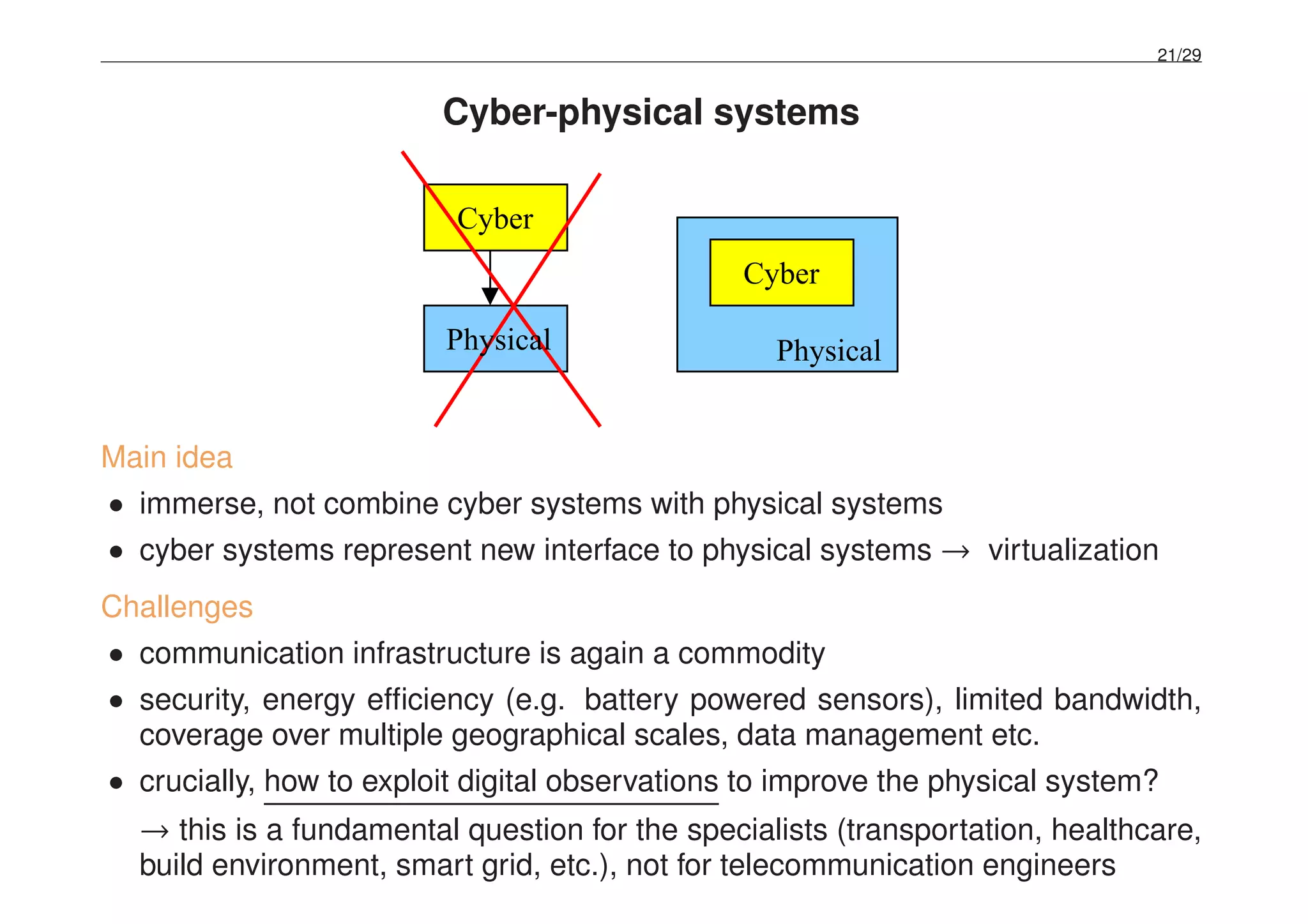 21/29
Cyber-physical systems
Cyber
Physical Physical
Cyber
Main idea
• immerse, not combine cyber systems with physical systems
• cyber systems represent new interface to physical systems → virtualization
Challenges
• communication infrastructure is again a commodity
• security, energy efﬁciency (e.g. battery powered sensors), limited bandwidth,
coverage over multiple geographical scales, data management etc.
• crucially, how to exploit digital observations to improve the physical system?
→ this is a fundamental question for the specialists (transportation, healthcare,
build environment, smart grid, etc.), not for telecommunication engineers
 