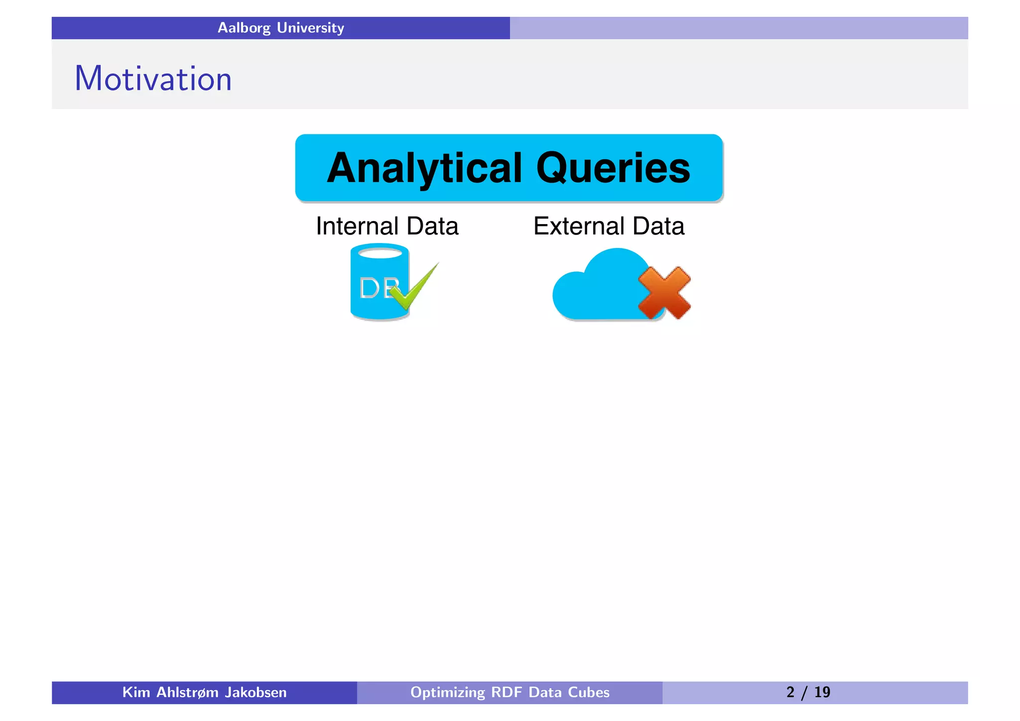 Aalborg University Motivation Kim Ahlstrøm Jakobsen Optimizing RDF Data Cubes 2 / 19 