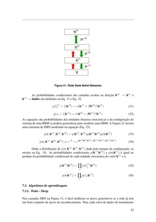 Figura 21. Rede Deeb Belief Networks
As probabilidades condicionais das camadas ocultas na direc¸˜ao h(2)
→ h(1)
e
h(1)
→ dados s˜ao deﬁnidas na Eq. 31 e Eq. 32.
p(h
(1)
j = 1|h(2)
) = σ(b(1)
+ (W(2)
) h(2)
) (31)
p(vi = 1|h(1)
) = σ(b(0)
+ (W(1)
) h(1)
) (32)
As equac¸˜oes das probabilidades das unidades binarias estoc´asticas e da conﬁgurac¸˜ao do
sistema de uma RBM se podem generalizar para modelar uma DBM. A Figura 21 mostra
uma estrutura de DBN modelado na equac¸˜ao (Eq. 33).
p(v, h(1)
, h(2)
, h(3)
) = p(h(2)
, h(3)
)p(h(1)
|h(2)
)p(v|h(1)
) (33)
p(v, h(1)
, h(2)
, h(3)
) ∝ e−E
= e(h(2)W(3)h(3)+(b(2)) h(2)+(b(3)) h(3))
(34)
Onde a distribuic¸˜ao de p(v, h(1)
, h(2)
, h(3)
) dada pela energia da conﬁgurac¸˜ao, se
mostra na Eq. 34. As probabilidades condicionais p(h(1)
|h(2)
) e p(v|h(1)
) ´e igual ao
produto da probabilidade condicional de cada unidade estoc´astica do vetor h(1)
e v.
p(h(1)
|h(2)
) =
j
p(h
(1)
j |h(2)
) (35)
p(v|h(1)
) =
i
p(vi|h(1)
) (36)
7.3. Algoritmos de aprendizagem
7.3.1. Wake - Sleep
Nas camadas SBN na Figura 31, ´e f´acil melhorar os pesos generativos se a rede j´a tem
um bom conjunto de pesos de reconhecimento. Para cada vetor de dados de treinamento
23
 