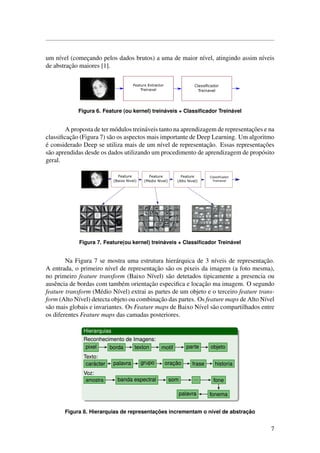 um n´ıvel (comec¸ando pelos dados brutos) a uma de maior n´ıvel, atingindo assim n´ıveis
de abstrac¸˜ao maiores [1].
Figura 6. Feature (ou kernel) trein´aveis + Classiﬁcador Trein´avel
A proposta de ter m´odulos trein´aveis tanto na aprendizagem de representac¸˜oes e na
classiﬁcac¸˜ao (Figura 7) s˜ao os aspectos mais importante de Deep Learning. Um algoritmo
´e considerado Deep se utiliza mais de um n´ıvel de representac¸˜ao. Essas representac¸˜oes
s˜ao aprendidas desde os dados utilizando um procedimento de aprendizagem de prop´osito
geral.
Figura 7. Feature(ou kernel) trein´aveis + Classiﬁcador Trein´avel
Na Figura 7 se mostra uma estrutura hier´arquica de 3 n´ıveis de representac¸˜ao.
A entrada, o primeiro n´ıvel de representac¸˜ao s˜ao os pixeis da imagem (a foto mesma),
no primeiro feature transform (Baixo N´ıvel) s˜ao detetados tipicamente a presencia ou
ausˆencia de bordas com tamb´em orientac¸˜ao especiﬁca e locac¸˜ao ma imagem. O segundo
feature transform (M´edio N´ıvel) extrai as partes de um objeto e o terceiro feature trans-
form (Alto N´ıvel) detecta objeto ou combinac¸˜ao das partes. Os feature maps de Alto N´ıvel
s˜ao mais globais e invariantes. Os Feature maps de Baixo N´ıvel s˜ao compartilhados entre
os diferentes Feature maps das camadas posteriores.
Figura 8. Hierarquias de representac¸ ˜oes incrementam o n´ıvel de abstrac¸ ˜ao
7
 