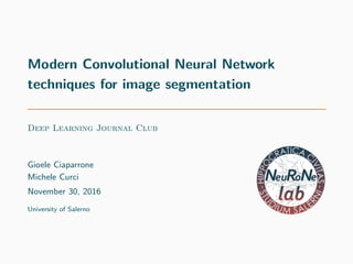 Modern Convolutional Neural Network
techniques for image segmentation
Deep Learning Journal Club
Gioele Ciaparrone
Michele Curci
November 30, 2016
University of Salerno
 