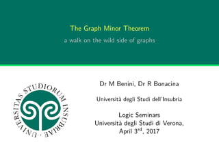 The Graph Minor Theorem
a walk on the wild side of graphs
Dr M Benini, Dr R Bonacina
Università degli Studi dell’Insubria
Logic Seminars
Università degli Studi di Verona,
April 3rd, 2017
 