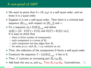 A non-proof of GMT
We want to prove that G = 〈G;≤M〉 is a well quasi order, and we
know it is a quasi order.
Suppose G is n...