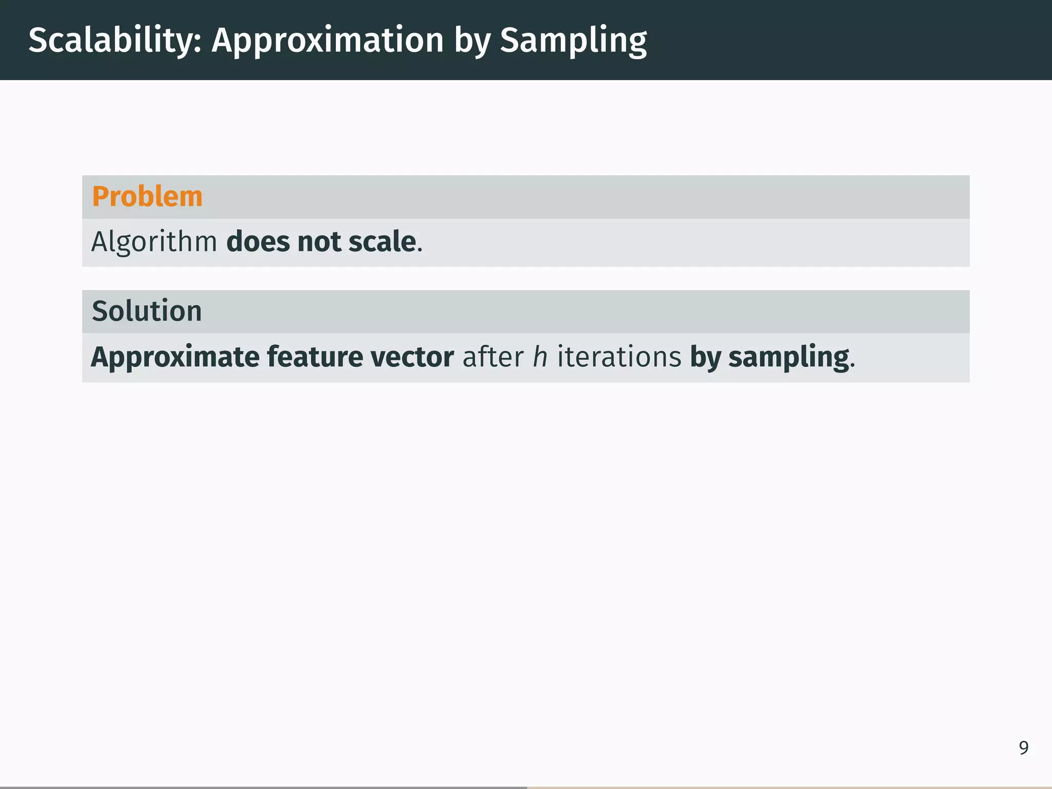 Scalability: Approximation by Sampling
Problem
Algorithm does not scale.
Solution
Approximate feature vector after h iterations by sampling.
9
 