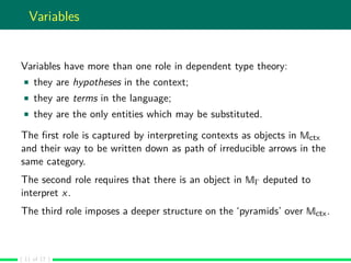 Variables
Variables have more than one role in dependent type theory:
they are hypotheses in the context;
they are terms in the language;
they are the only entities which may be substituted.
The ﬁrst role is captured by interpreting contexts as objects in Mctx
and their way to be written down as path of irreducible arrows in the
same category.
The second role requires that there is an object in MΓ deputed to
interpret x.
The third role imposes a deeper structure on the ‘pyramids’ over Mctx.
( 11 of 17 )
 