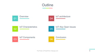 01
02
03
04
05
06
Outline
Overview
IoT Characteristics
IoT Components
IoT architecture
IoT: Key Open Issues
Conclusion
The Power of PowerPoint | thepopp.com 6
 