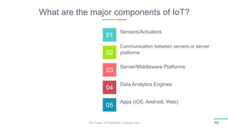 01
02
03
04
05
What are the major components of IoT?
The Power of PowerPoint | thepopp.com 66
Sensors/Actuators
Communication between servers or server
platforms
Server/Middleware Platforms
Data Analytics Engines
Apps (iOS, Android, Web)
 