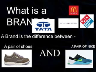 What is a
BRAND??
A Brand is the difference between -
A pair of shoes
AND
A PAIR OF NIKE
 
