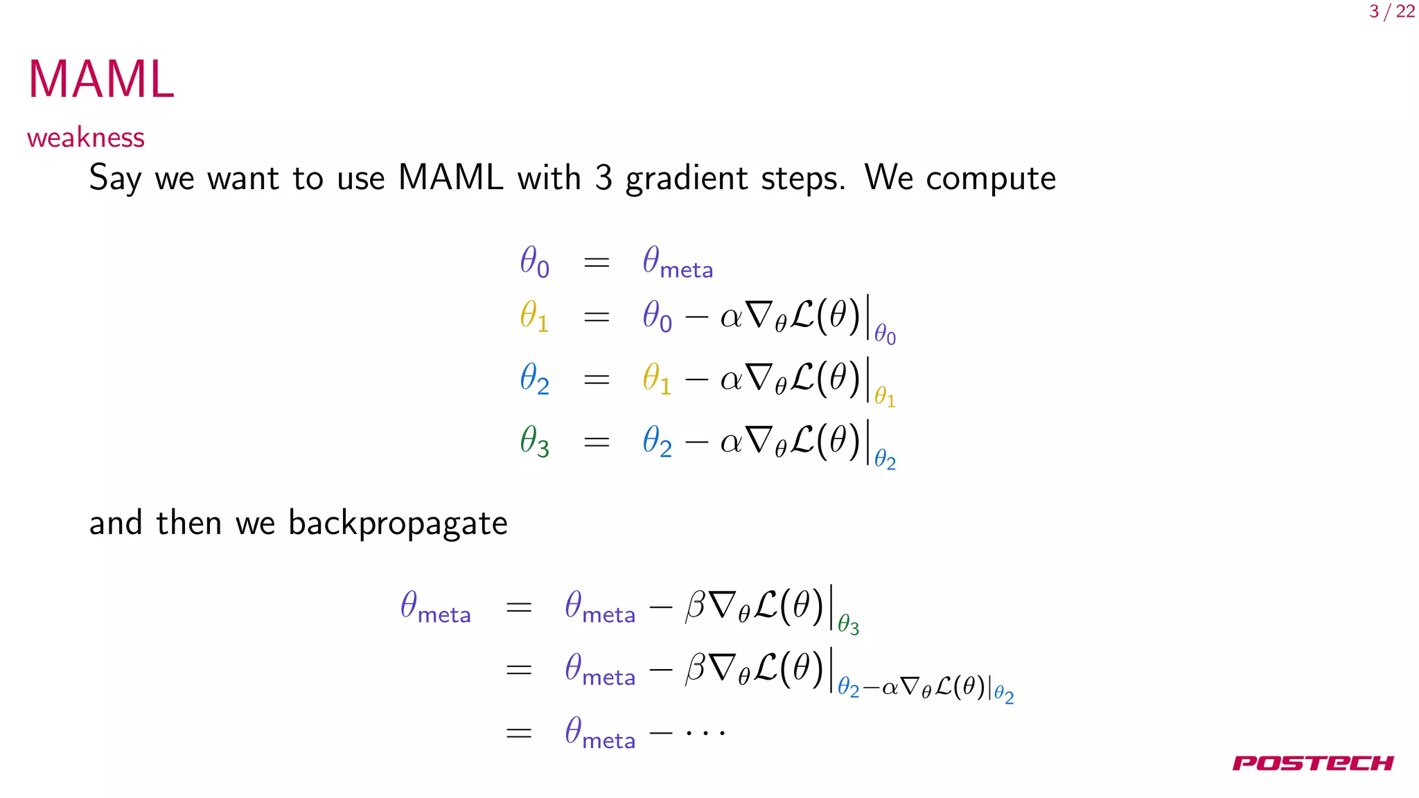 3 / 22
MAML
weakness
Say we want to use MAML with 3 gradient steps. We compute
θ0 = θmeta
θ1 = θ0 − α θL(θ) θ0
θ2 = θ1 − α θL(θ) θ1
θ3 = θ2 − α θL(θ) θ2
and then we backpropagate
θmeta = θmeta − β θL(θ) θ3
= θmeta − β θL(θ) θ2−α θL(θ)|θ2
= θmeta − · · ·
 