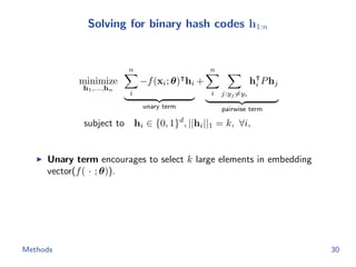 Solving for binary hash codes h1:n
minimize
h1,...,hn
n
i
−f(xi; θ) hi
unary term
+
n
i j:yj =yi
hi Phj
pairwise term
subject to hi ∈ {0, 1}d
, ||hi||1 = k, ∀i,
Unary term encourages to select k large elements in embedding
vector(f( · ; θ)).
Methods 30
 